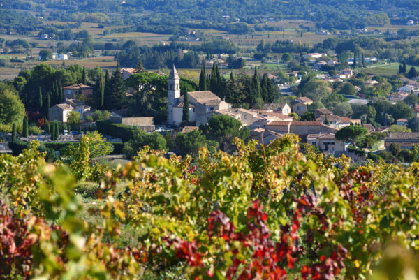 Vue de Roaix depuis les hauteurs avec les vignes au premier plan.