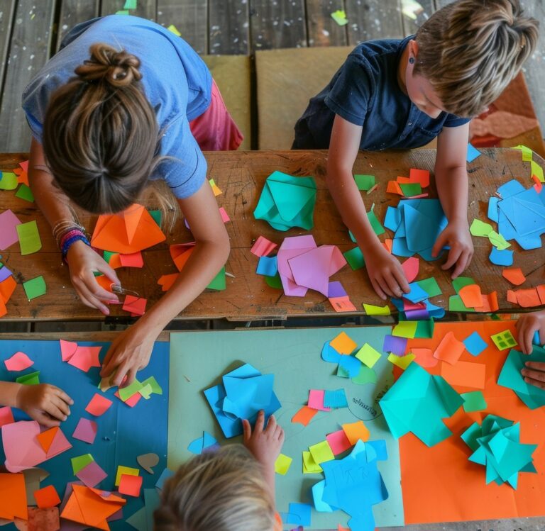 Des enfants participent à un atelier créatif avec des papiers colorés. atelier