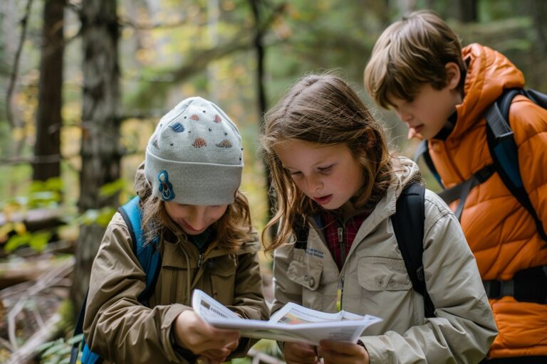 Des enfants consultent des cartes lors d'un parcours d'orientation.