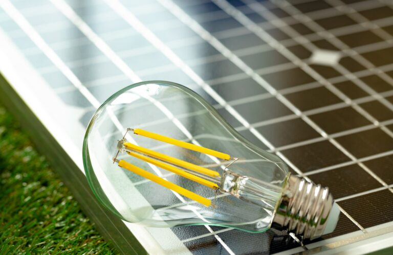 Un panneau photovoltaïque avec une ampoule posée dessus.