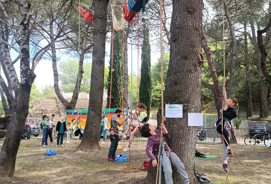 Des enfants accrochés à des cordes d'escalade grimpent dans les arbres.