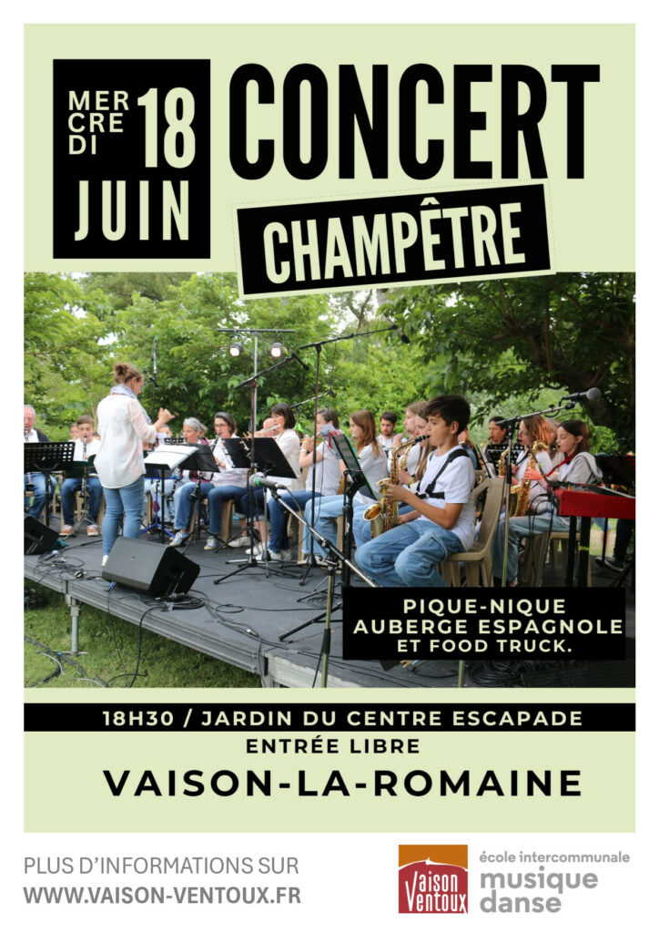 Affiche du concert champêtre de l'école intercommunale de musique Vaison Ventoux avec une photo de plusieurs enfants musiciens jouant un petit orchestre.