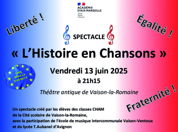 Affiche du spectacle L'histoire en chansons avec un fond aux couleurs du drapeau français bleu, blanc et rouge et le texte descriptif du spectacle.