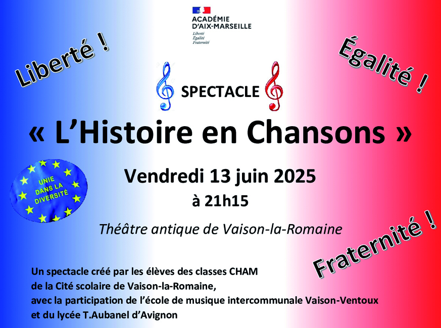 Affiche du spectacle L'histoire en chansons avec un fond aux couleurs du drapeau français bleu, blanc et rouge et le texte descriptif du spectacle.