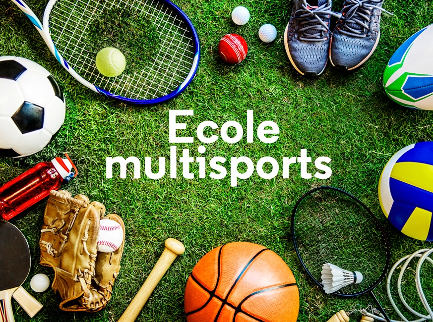 Image représentant différents matériels sportifs tels que des raquettes et des ballons, avec la mention "Ecole multisports".