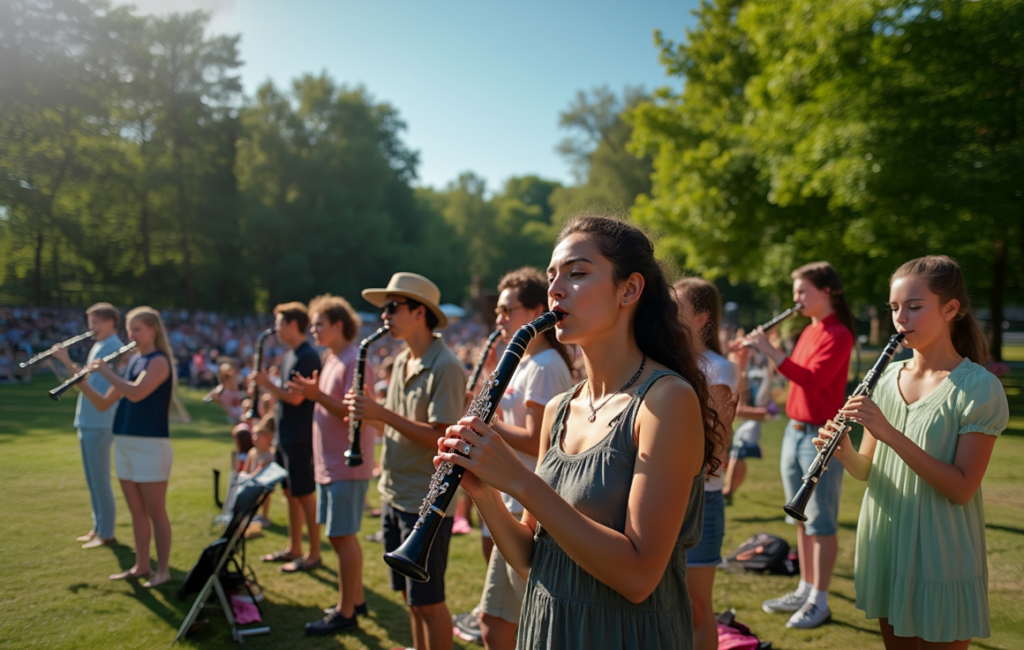 L'ensemble de clarinettes lors d'une représentation publique en plein air.