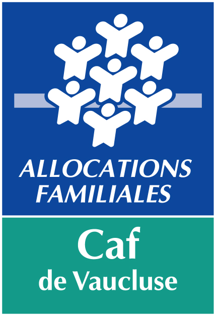 Logo de la CAF de Vaucluse sur fond bleu et vert avec les mentions suivante : Allocations familiales et CAF de Vaucluse