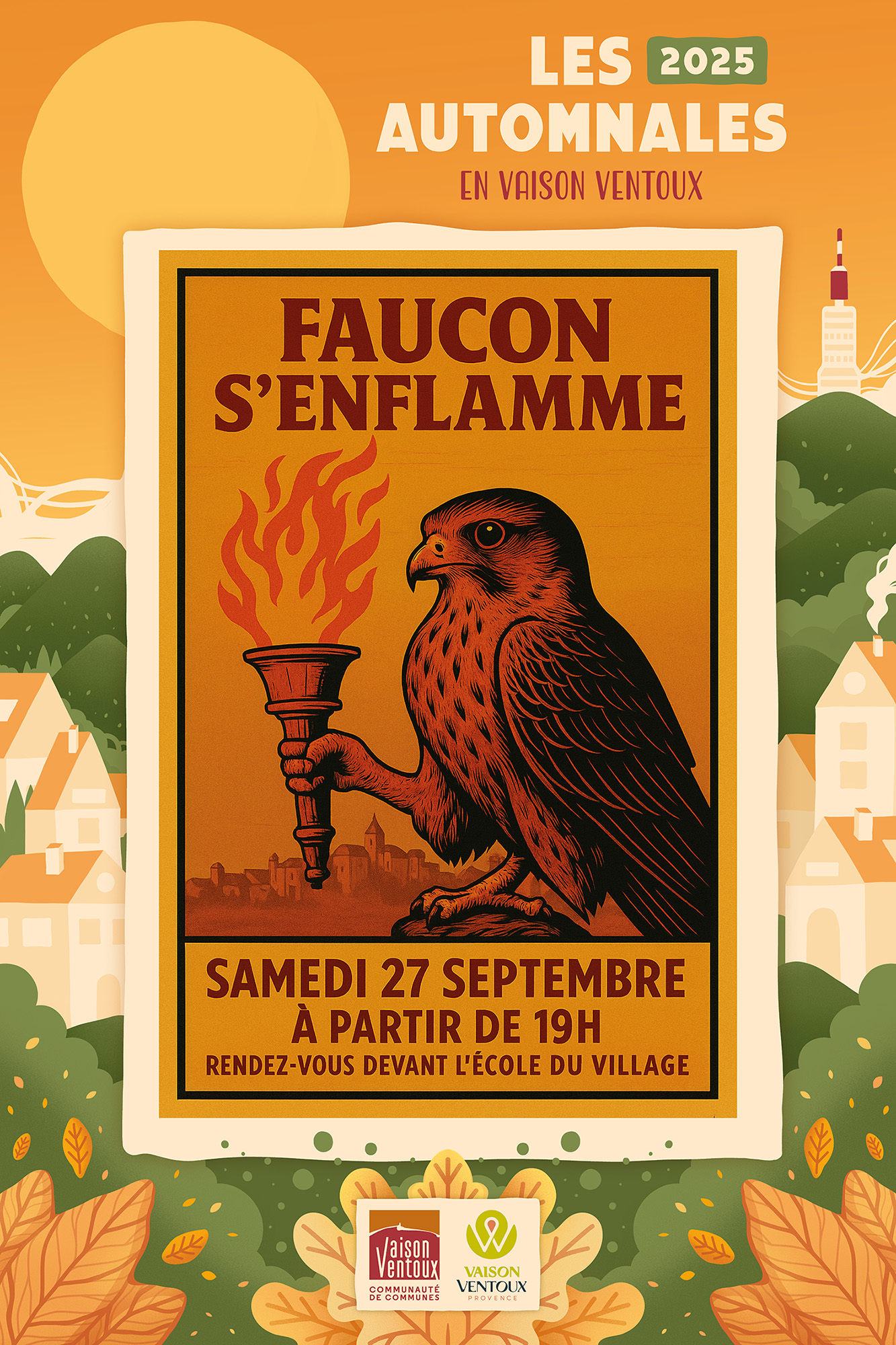Affiche montrant un faucon dessiné, tenant une torche dans ses serres, afin le titre "Faucon s'enflamme".